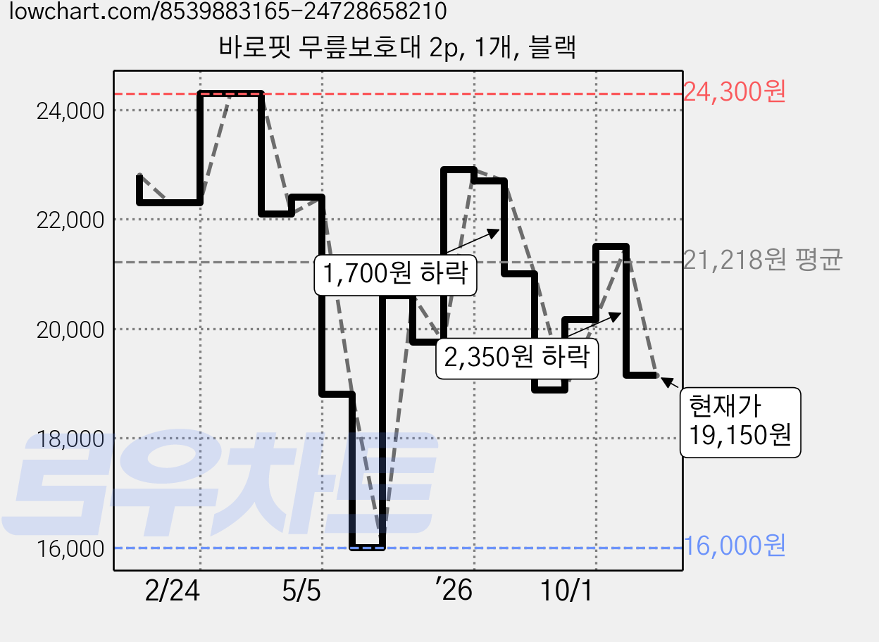바로핏 무릎보호대 2p, 1개, 블랙 가격 변동 차트, 현재가 19,150원, 관측 최저가 16,000원