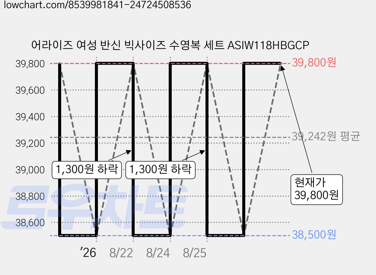 어라이즈 여성 반신 빅사이즈 수영복 세트 ASIW118HBGCP 가격 변동 차트, 현재가 38,500원, 역대최저가
