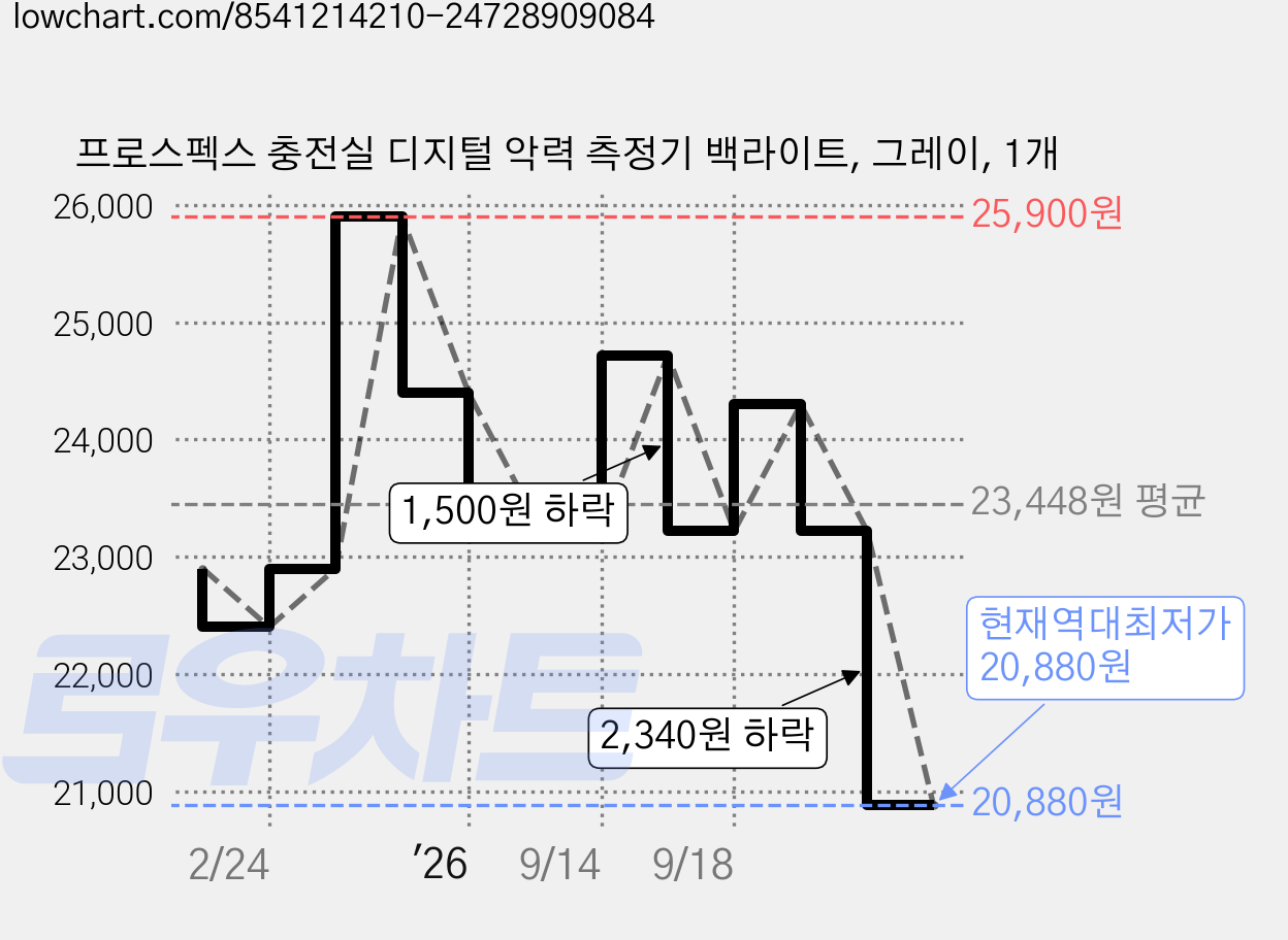 프로스펙스 충전실 디지털 악력 측정기 백라이트, 그레이, 1개 가격 변동 차트, 현재가 20,880원, 역대최저가