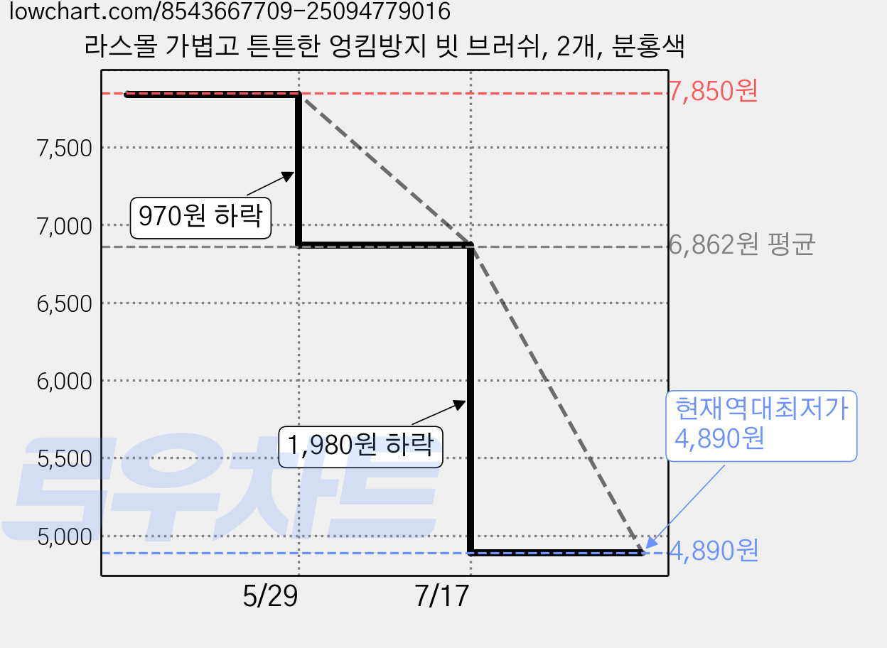 라스몰 가볍고 튼튼한 엉킴방지 빗 브러쉬, 2개, 분홍색 가격 변동 차트, 현재가 4,890원, 역대최저가