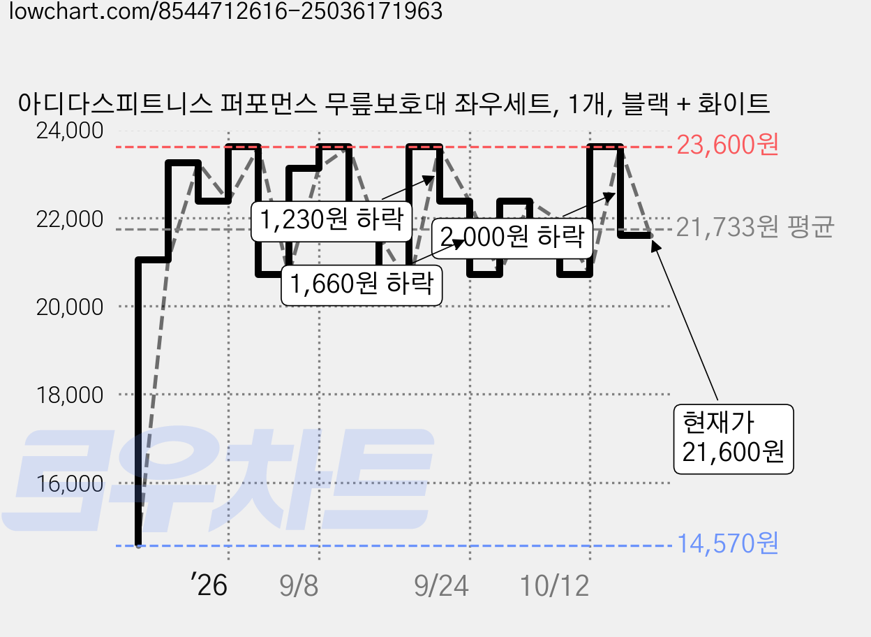 아디다스피트니스 퍼포먼스 무릎보호대 좌우세트, 1개, 블랙 + 화이트 가격 변동 차트, 현재가 21,600원, 관측 최저가 14,570원