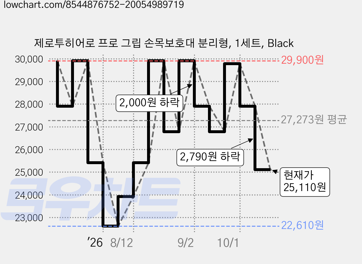 제로투히어로 프로 그립 손목보호대 분리형, 1세트, Black 가격 변동 차트, 현재가 25,110원, 관측 최저가 21,280원