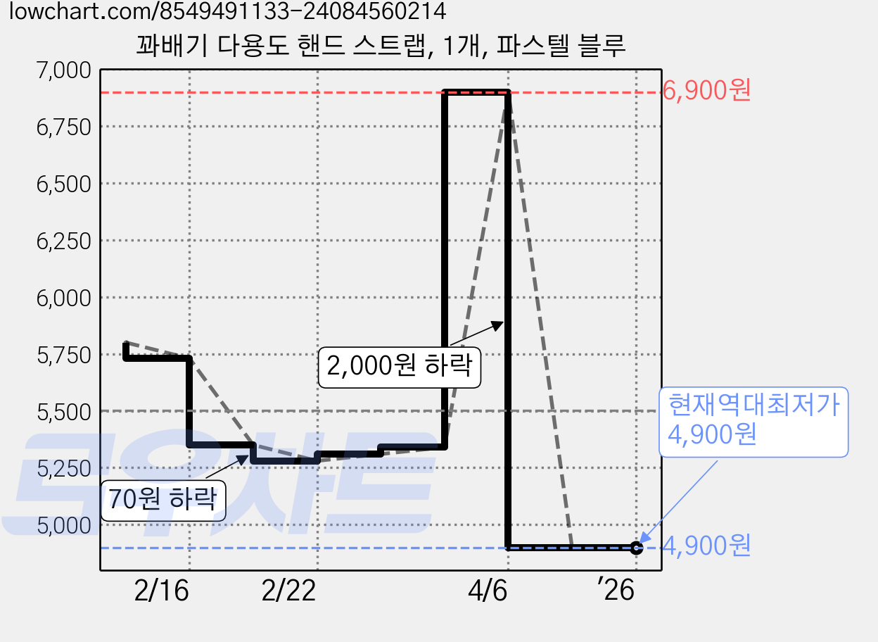 꽈배기 다용도 핸드 스트랩, 1개, 파스텔 블루 가격 변동 차트, 현재가 4,900원, 역대최저가