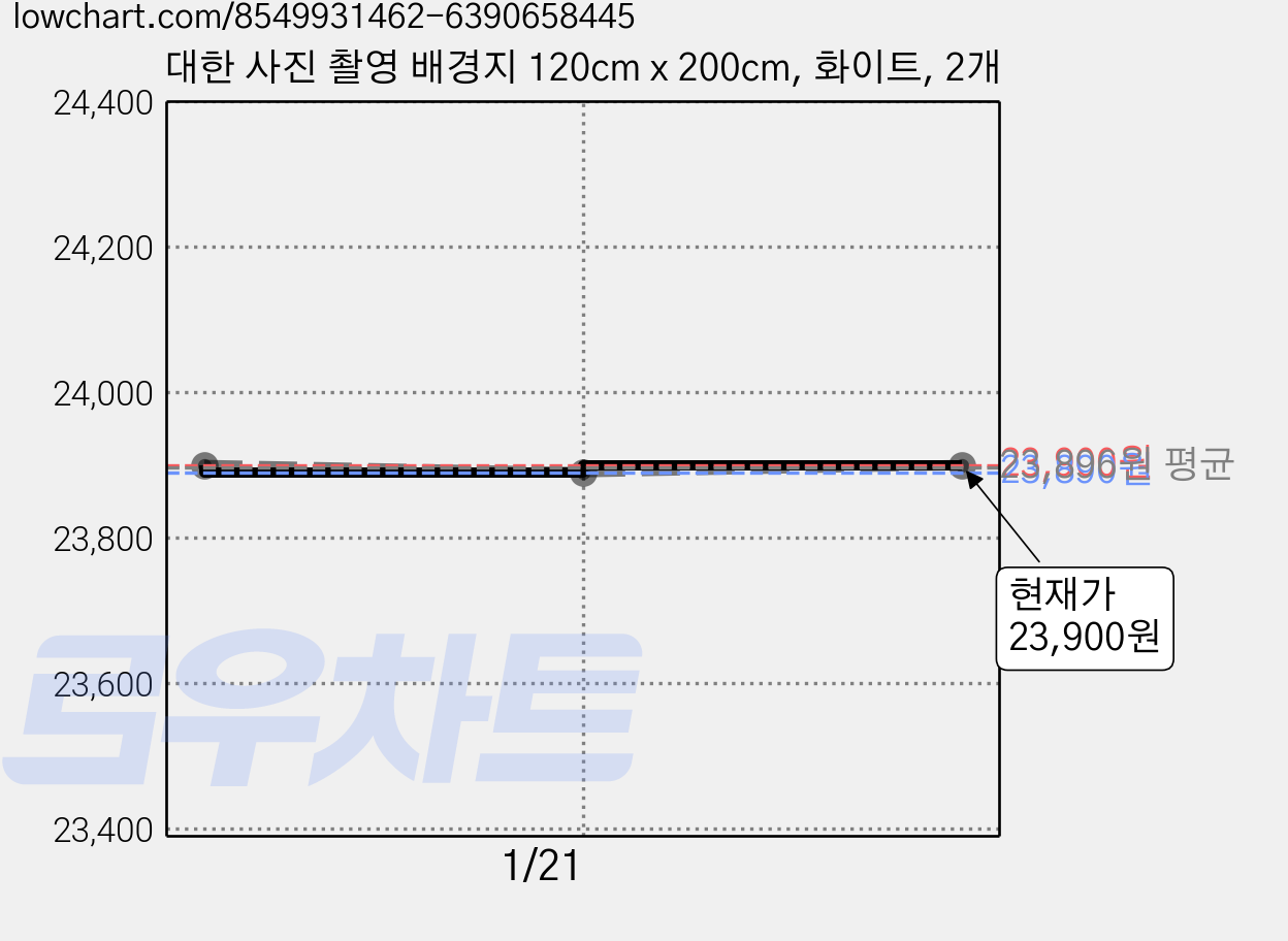대한 사진 촬영 배경지 120cm x 200cm, 화이트, 2개 가격 변동 차트, 현재가 23,900원, 관측 최저가 23,890원