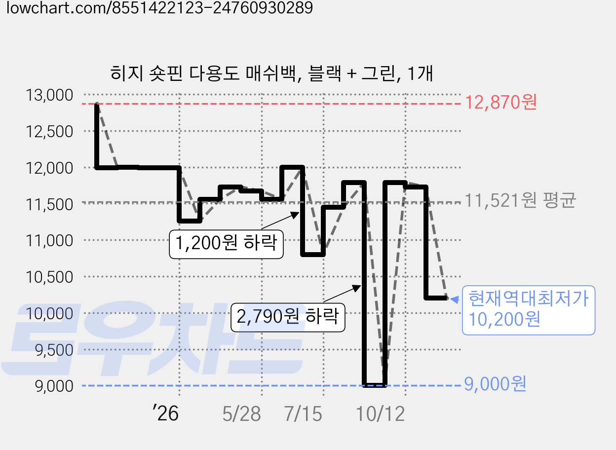 히지 숏핀 다용도 매쉬백, 블랙 + 그린, 1개 가격 변동 차트, 현재가 10,200원, 역대최저가