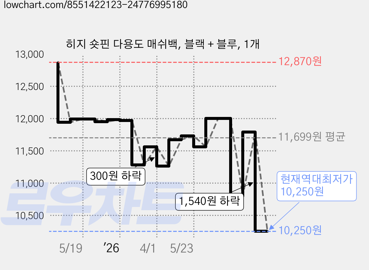 히지 숏핀 다용도 매쉬백, 블랙 + 블루, 1개 가격 변동 차트, 현재가 10,250원, 역대최저가