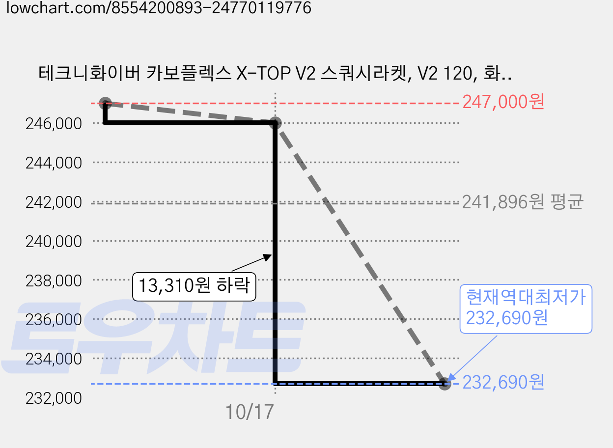 테크니화이버 카보플렉스 X-TOP V2 스쿼시라켓, V2 120, 화이트, 1개 가격 변동 차트, 현재가 232,690원, 역대최저가