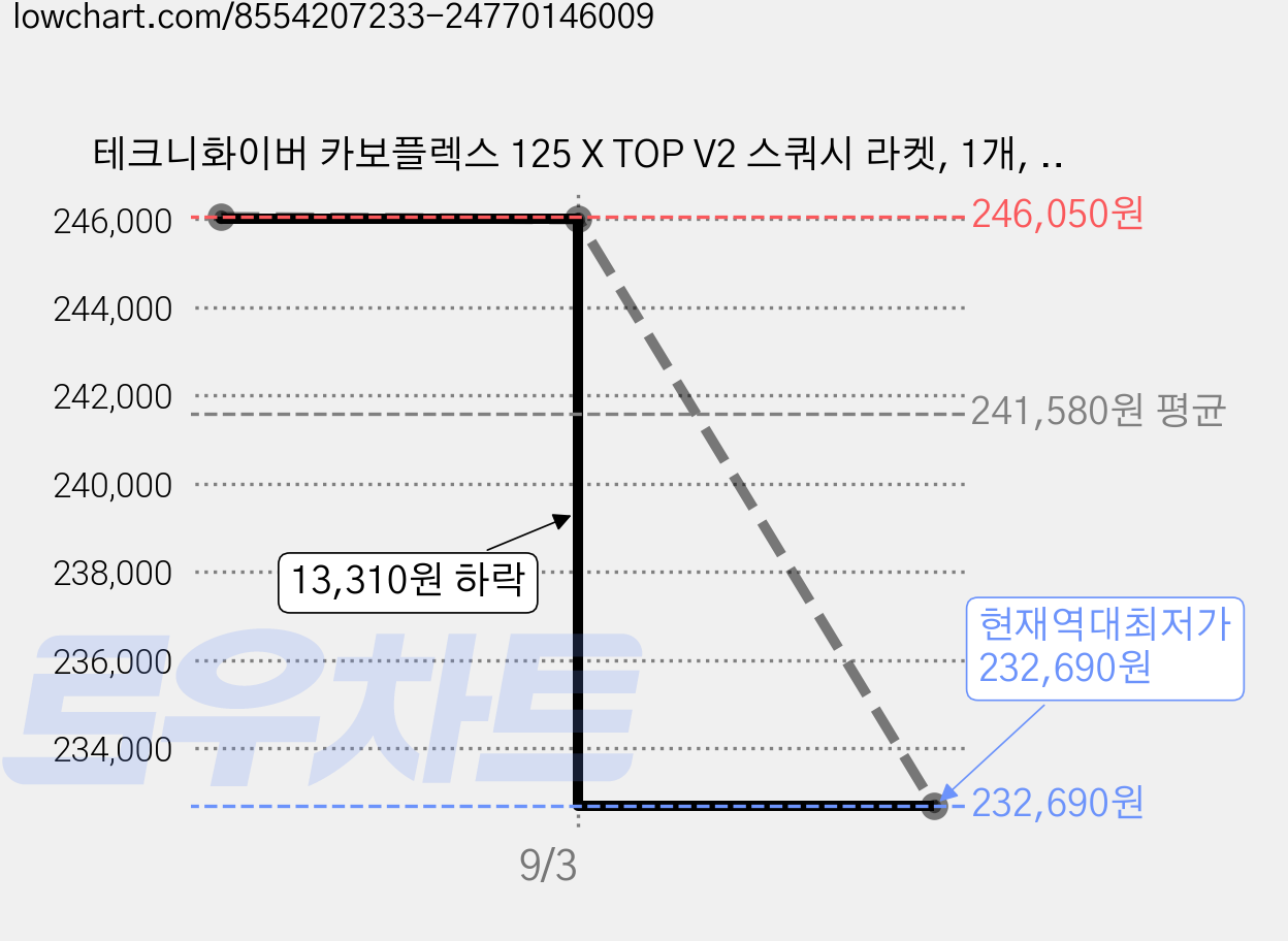 테크니화이버 카보플렉스 125 X TOP V2 스쿼시 라켓, 1개, 화이트, CARBOFLEX 125 X-TOP V2 / 12CAR12524 가격 변동 차트, 현재가 232,690원, 역대최저가