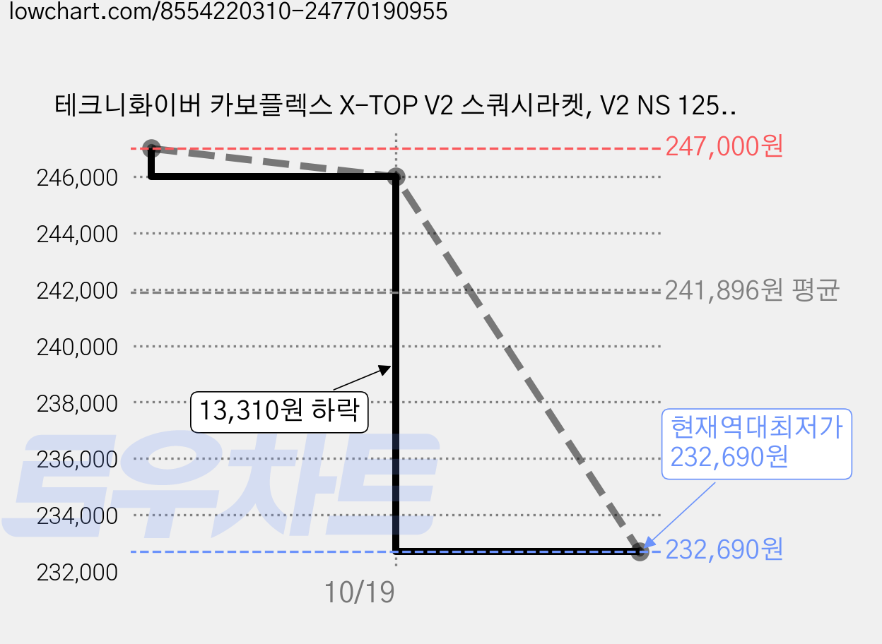 테크니화이버 카보플렉스 X-TOP V2 스쿼시라켓, V2 NS 125, 화이트, 1개 가격 변동 차트, 현재가 232,690원, 역대최저가