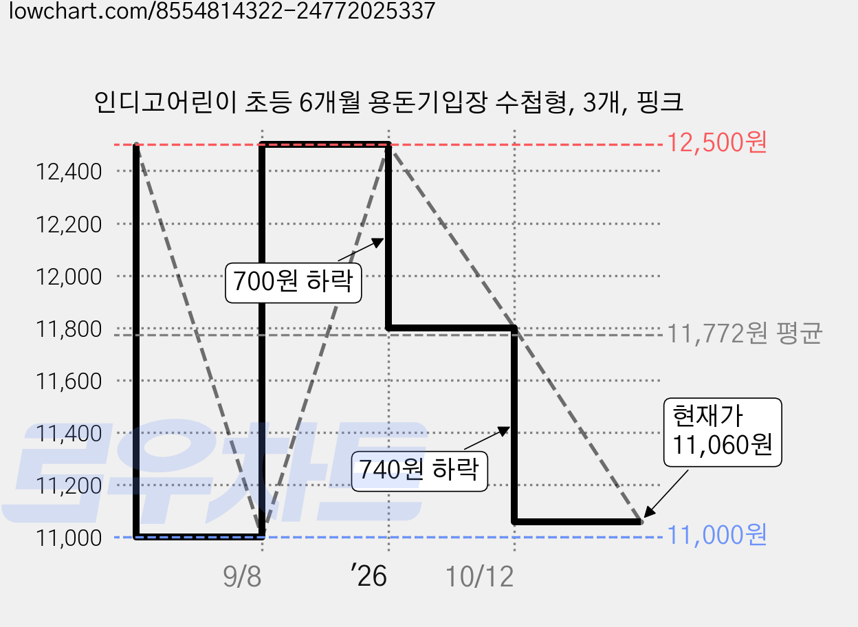 인디고어린이 초등 6개월 용돈기입장 수첩형, 3개, 핑크 가격 변동 차트, 현재가 11,060원, 관측 최저가 11,000원