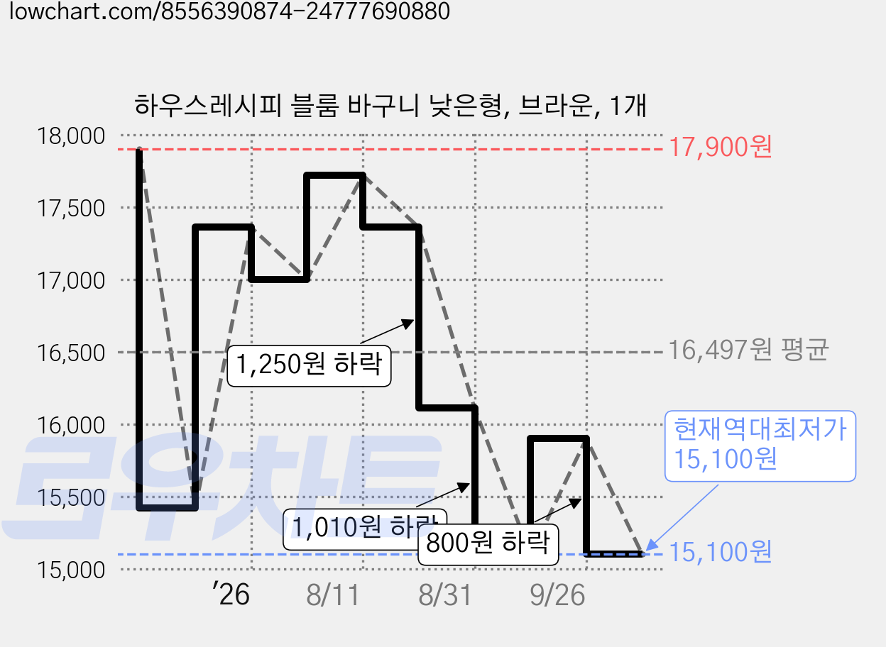 하우스레시피 블룸 바구니 낮은형, 브라운, 1개 가격 변동 차트, 현재가 15,100원, 역대최저가