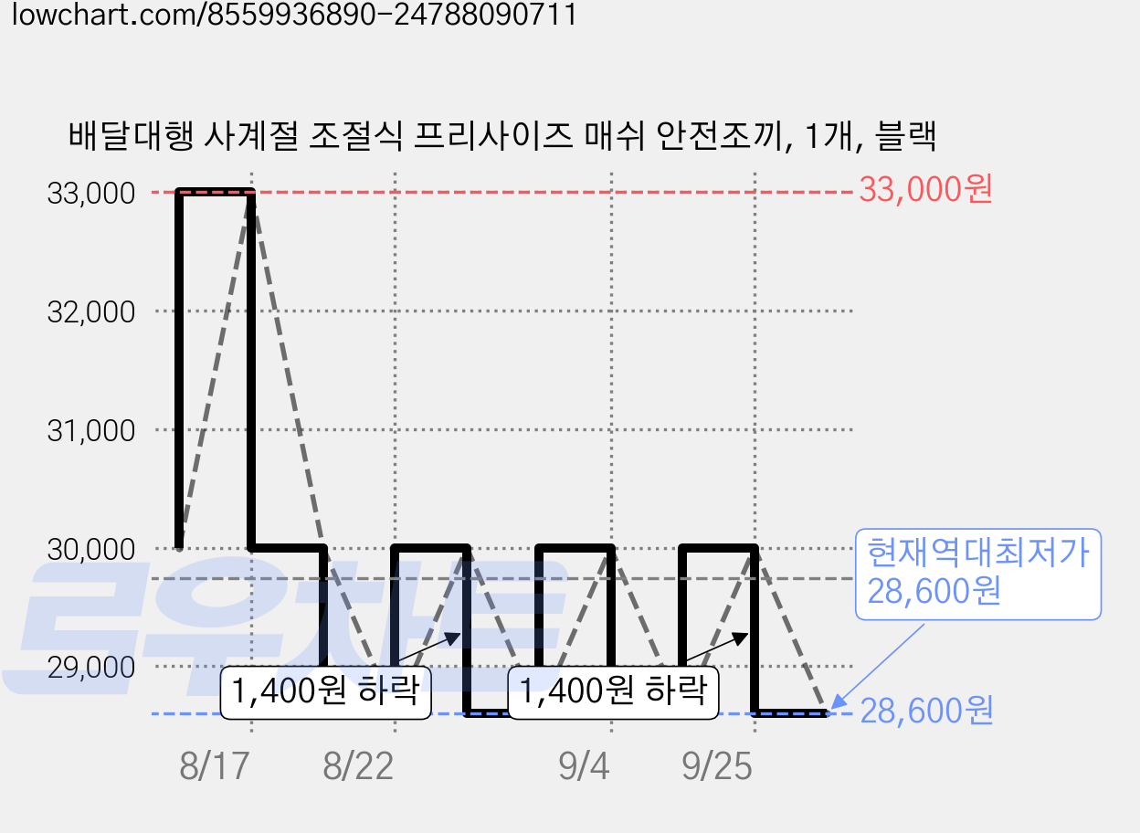 배달대행 사계절 조절식 프리사이즈 매쉬 안전조끼, 1개, 블랙 가격 변동 차트, 현재가 28,600원, 역대최저가
