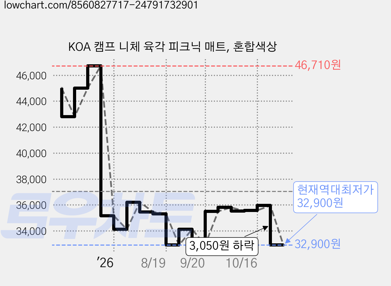 KOA 캠프 니체 육각 피크닉 매트, 혼합색상 가격 변동 차트, 현재가 32,900원, 역대최저가