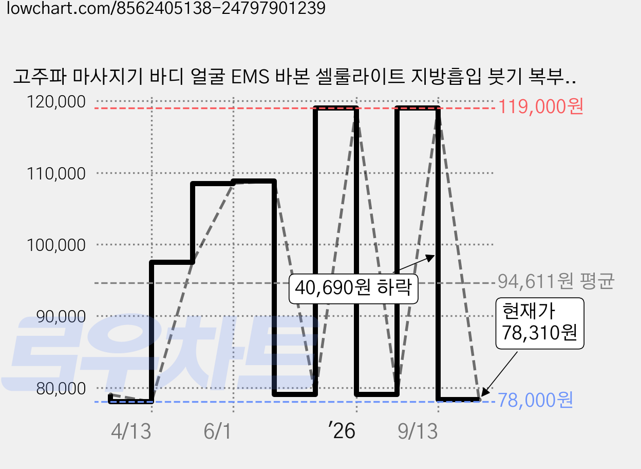 고주파 마사지기 바디 얼굴 EMS 바본 셀룰라이트 지방흡입 붓기 복부 온열 관리기, 리프튠 올인원 마사지기 가격 변동 차트, 현재가 78,310원, 관측 최저가 78,000원