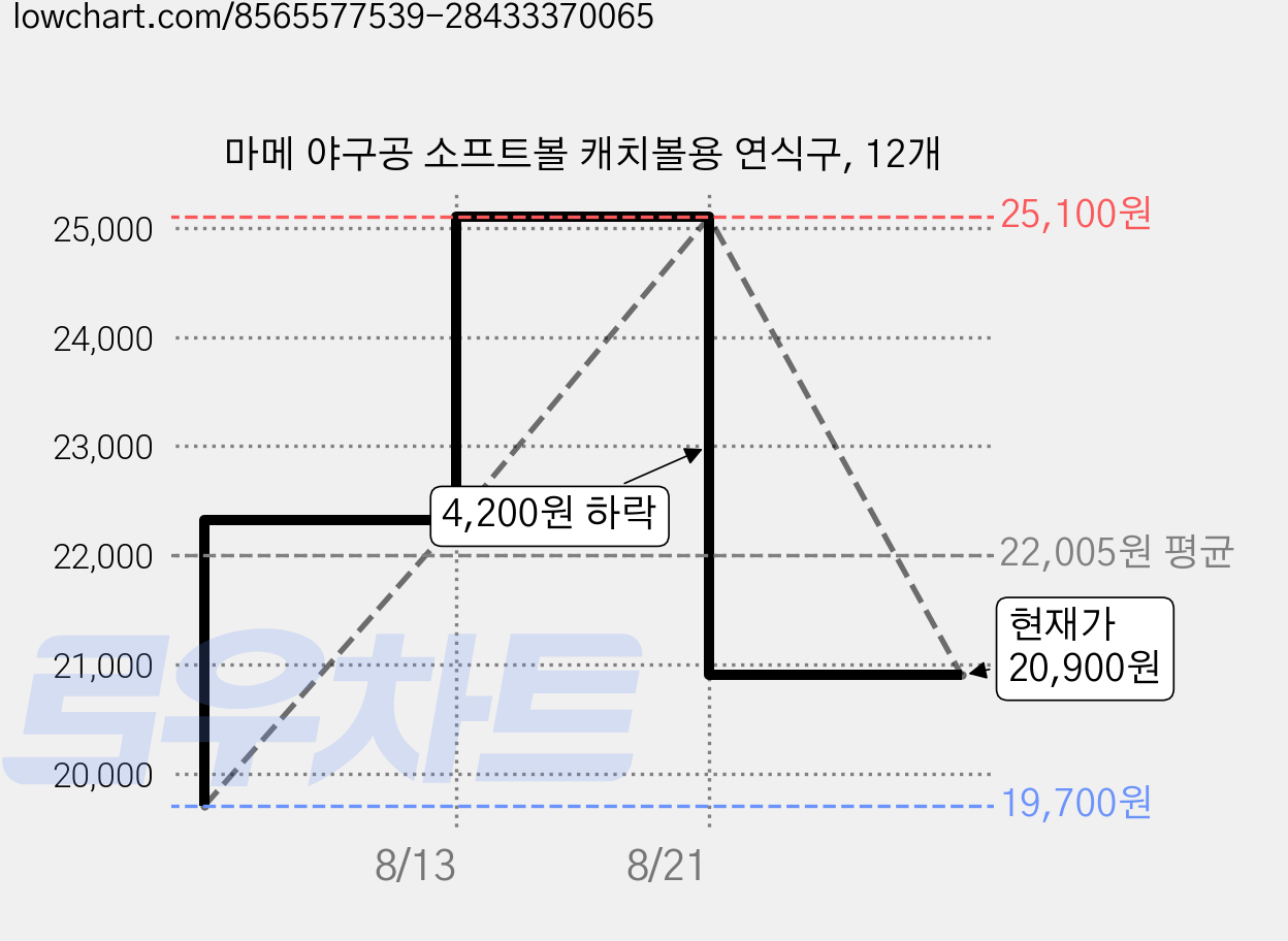 마메 야구공 소프트볼 캐치볼용 연식구, 12개 가격 변동 차트, 현재가 20,900원, 관측 최저가 19,700원