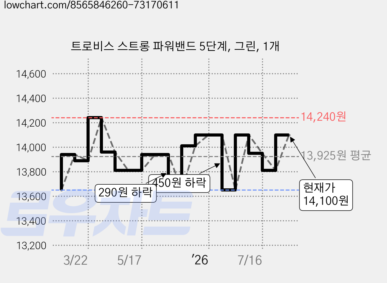 트로비스 스트롱 파워밴드 5단계, 그린, 1개 가격 변동 차트, 현재가 14,100원, 관측 최저가 12,640원