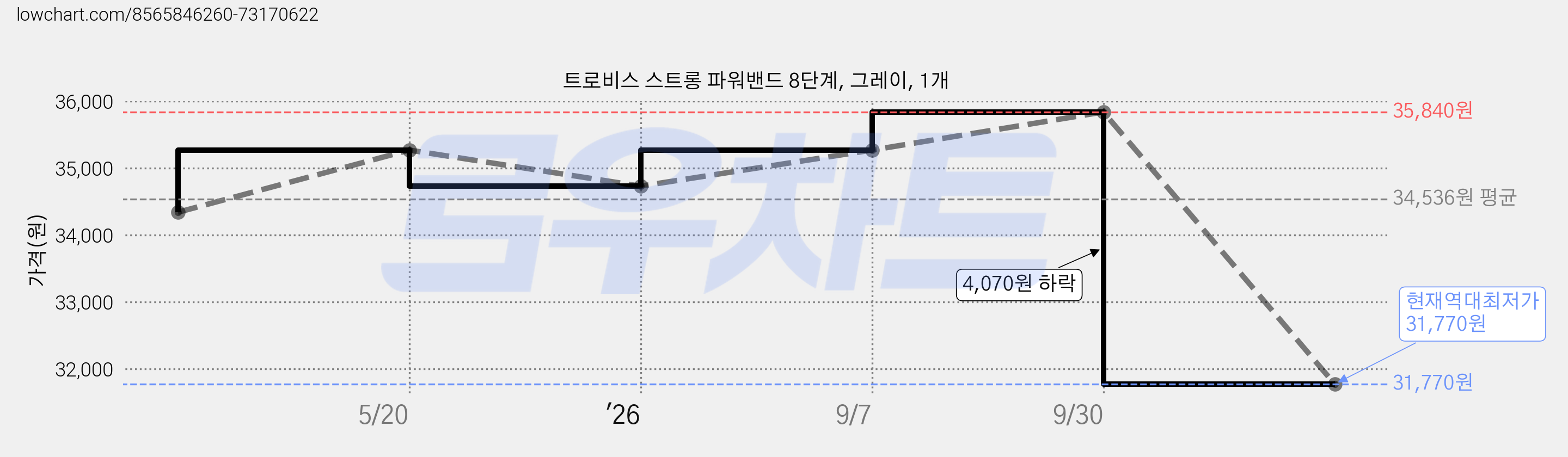 트로비스 스트롱 파워밴드 8단계, 그레이, 1개 가격 변동 차트, 현재가 31,770원, 역대최저가