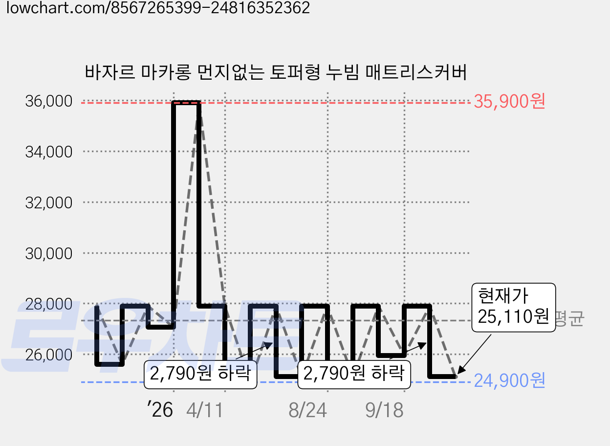 바자르 마카롱 먼지없는 토퍼형 누빔 매트리스커버 가격 변동 차트, 현재가 25,110원, 관측 최저가 24,900원