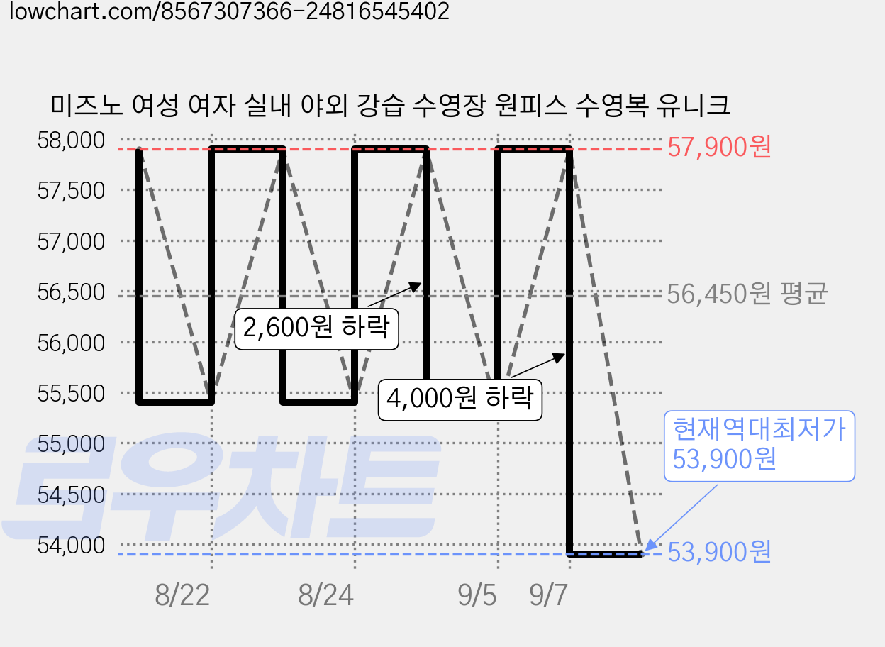 미즈노 여성 여자 실내 야외 강습 수영장 원피스 수영복 유니크 가격 변동 차트, 현재가 53,900원, 역대최저가