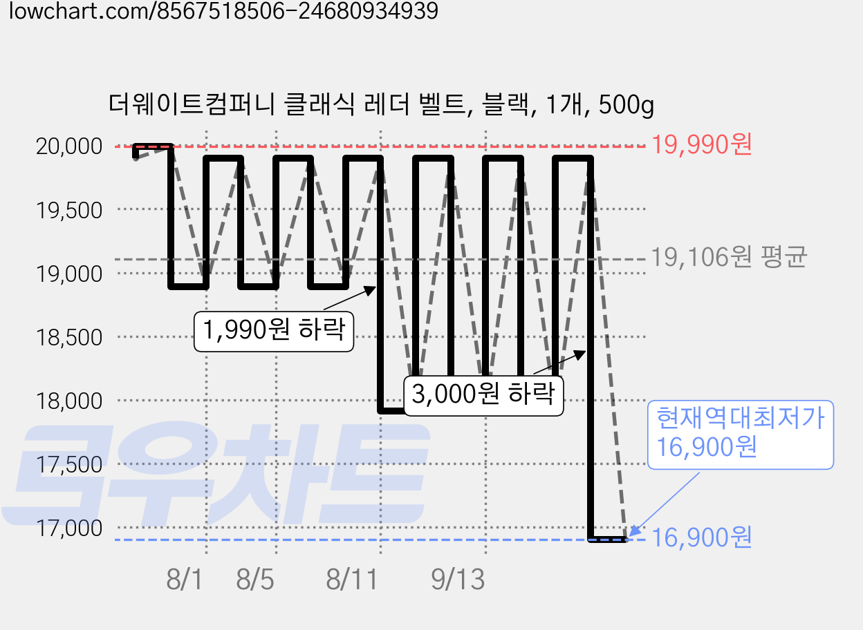 더웨이트컴퍼니 클래식 레더 벨트, 블랙, 1개, 500g 가격 변동 차트, 현재가 16,900원, 역대최저가