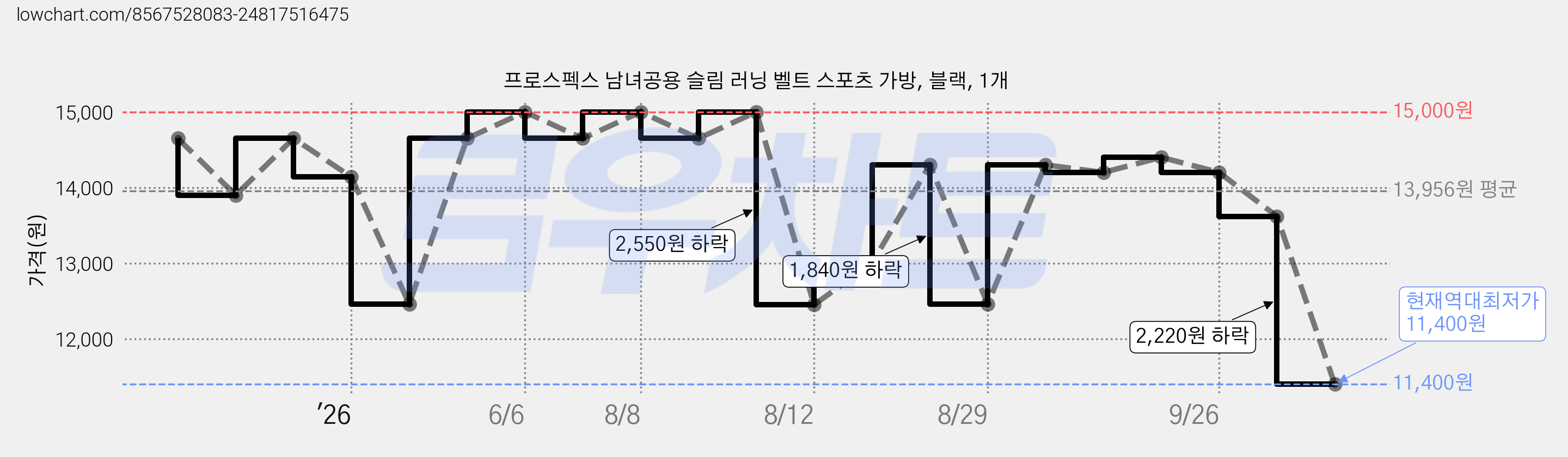 프로스펙스 남녀공용 슬림 러닝 벨트 스포츠 가방, 블랙, 1개 가격 변동 차트, 현재가 11,400원, 역대최저가