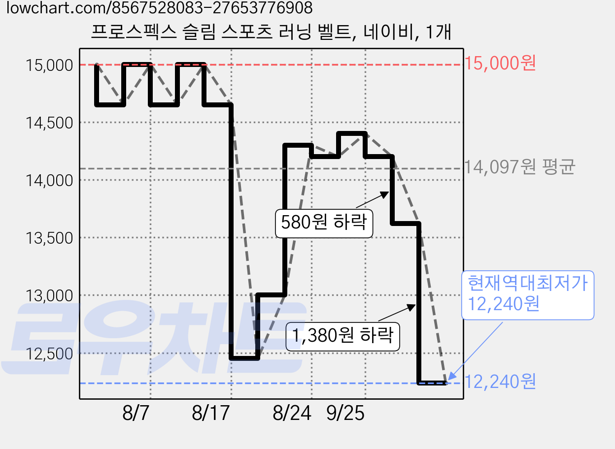 프로스펙스 슬림 스포츠 러닝 벨트, 네이비, 1개 가격 변동 차트, 현재가 12,240원, 역대최저가