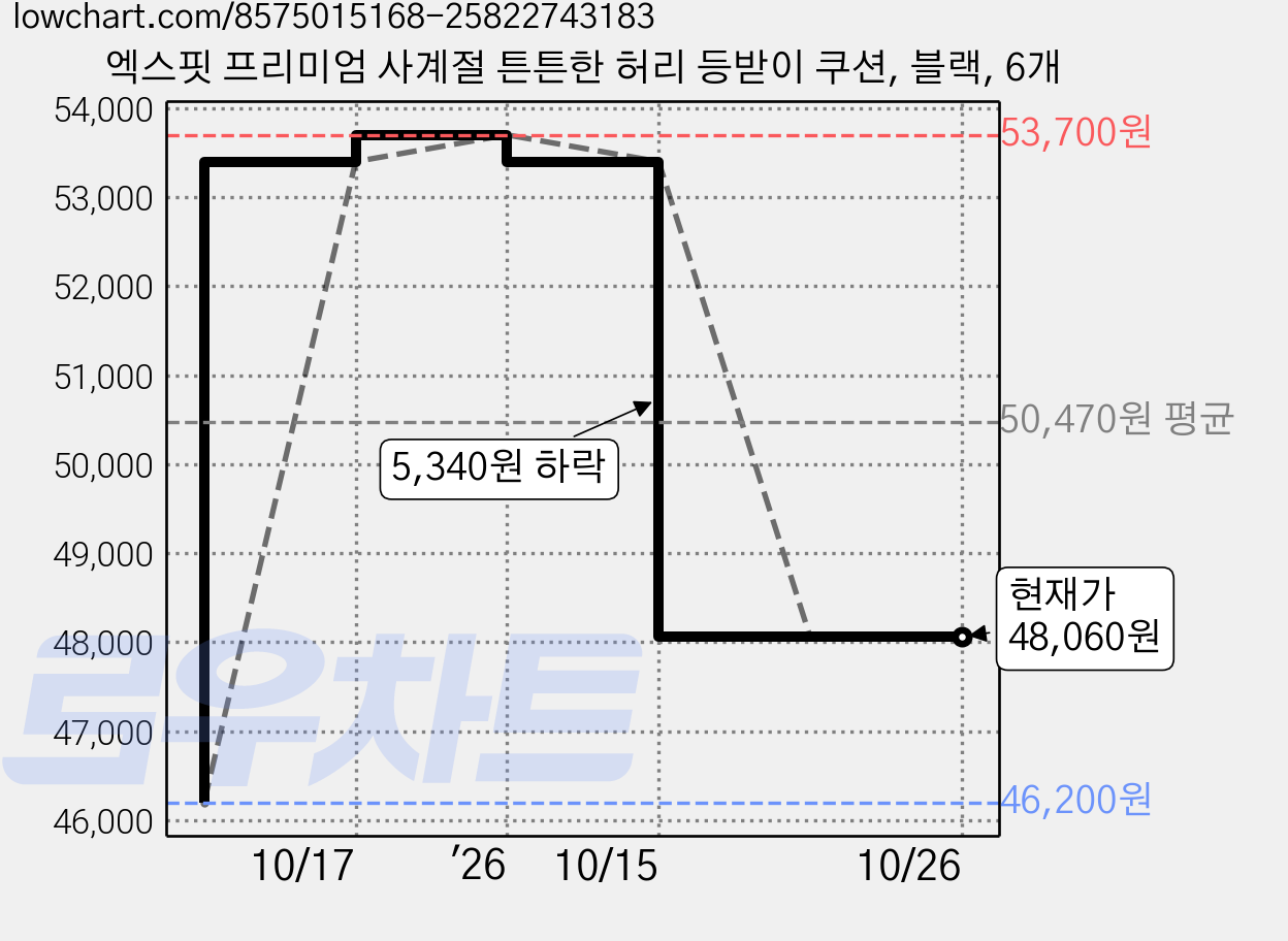 엑스핏 프리미엄 사계절 튼튼한 허리 등받이 쿠션, 블랙, 6개 가격 변동 차트, 현재가 48,060원, 관측 최저가 46,200원