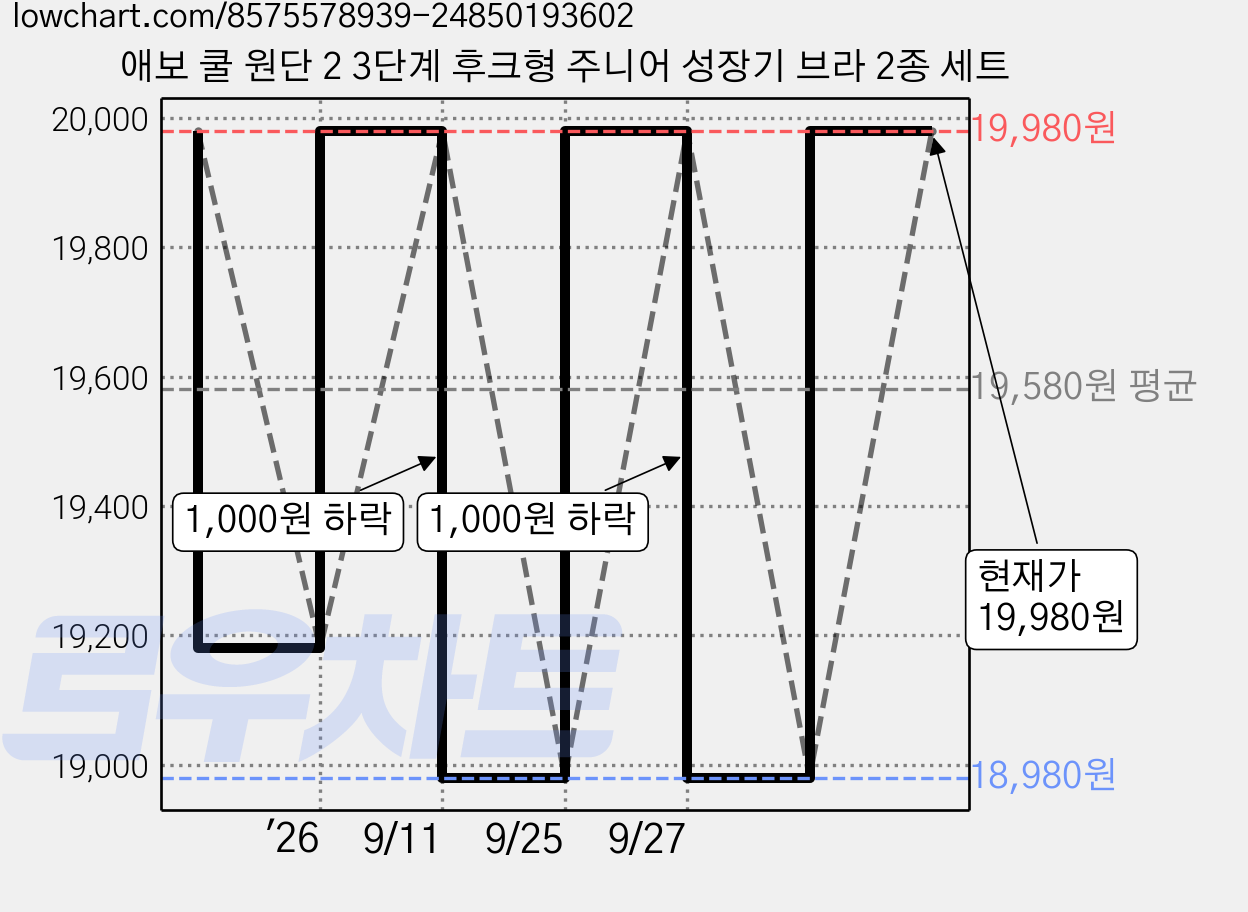 애보 쿨 원단 2 3단계 후크형 주니어 성장기 브라 2종 세트 가격 변동 차트, 현재가 19,980원, 관측 최저가 18,980원