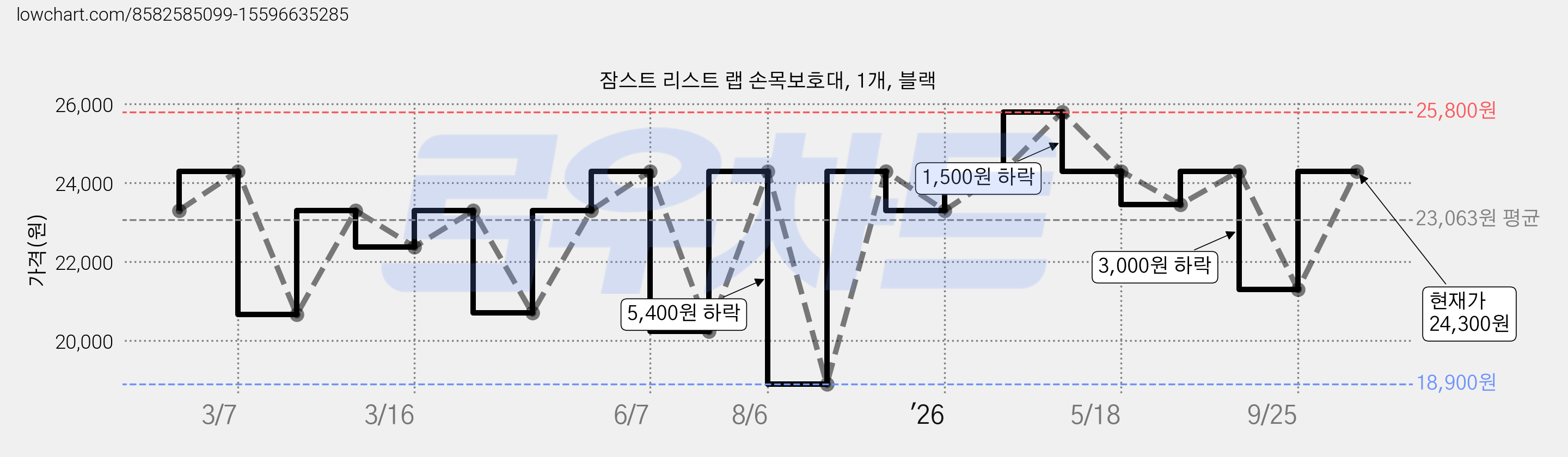 잠스트 리스트 랩 손목보호대, 1개, 블랙 가격 변동 차트, 현재가 24,300원, 관측 최저가 18,900원