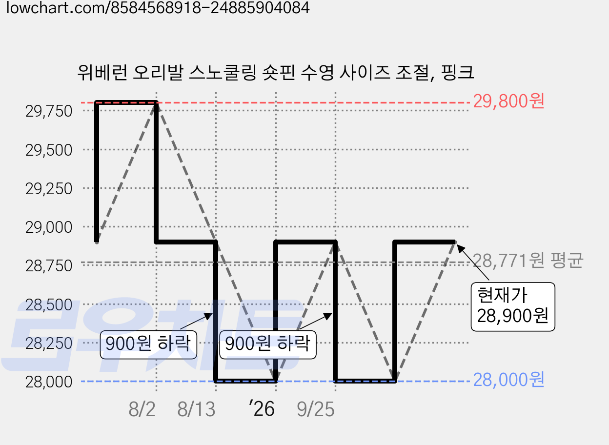 위베런 오리발 스노쿨링 숏핀 수영 사이즈 조절, 핑크 가격 변동 차트, 현재가 28,900원, 관측 최저가 28,000원