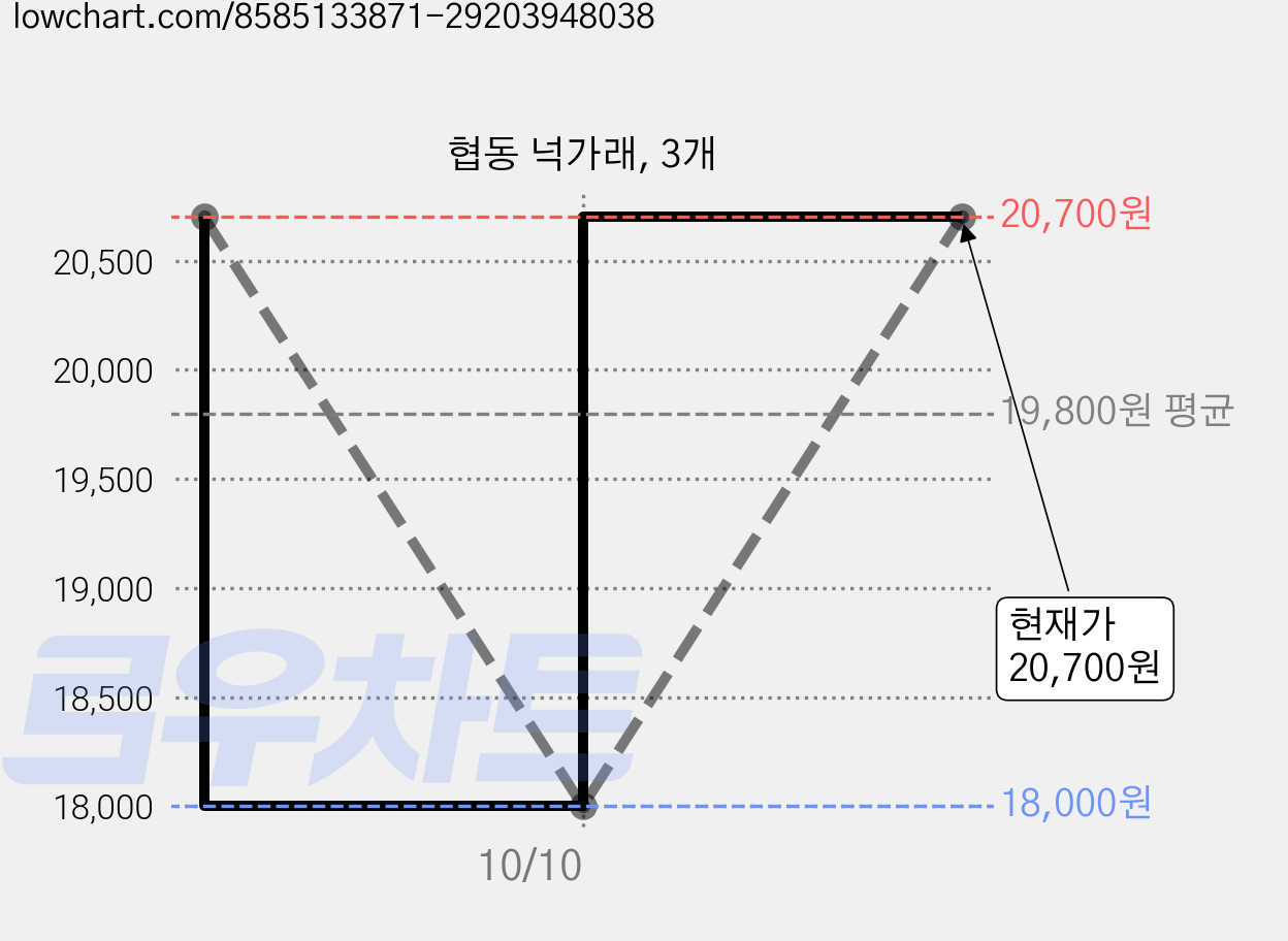협동 넉가래, 3개 가격 변동 차트, 현재가 20,700원, 관측 최저가 18,000원