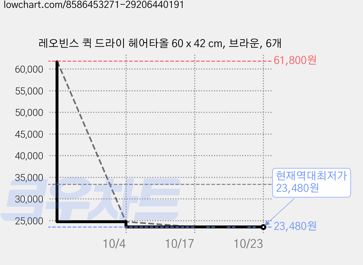 레오빈스 퀵 드라이 헤어타올 60 x 42 cm, 브라운, 6개 가격 변동 차트, 현재가 23,480원, 역대최저가