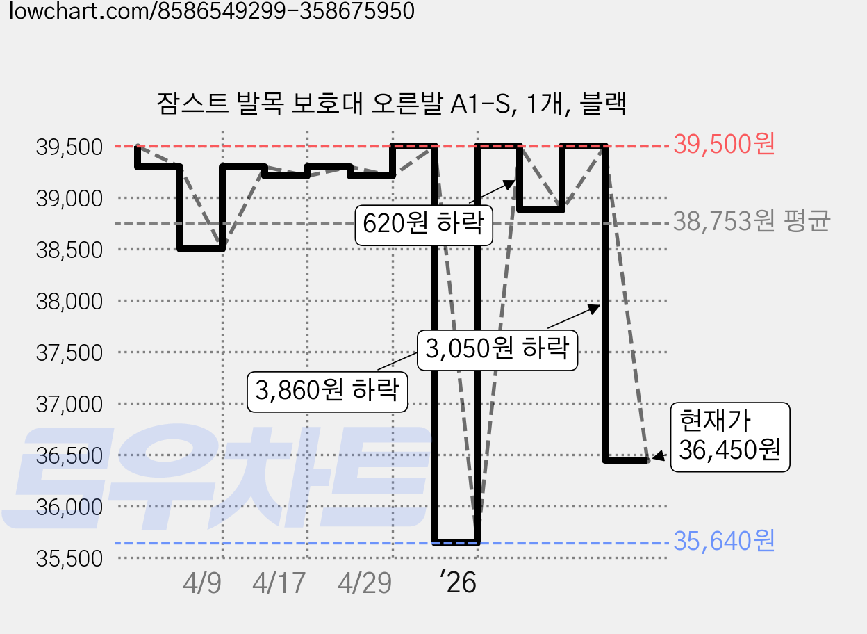 잠스트 발목 보호대 오른발 A1-S, 1개, 블랙 가격 변동 차트, 현재가 36,450원, 관측 최저가 34,420원