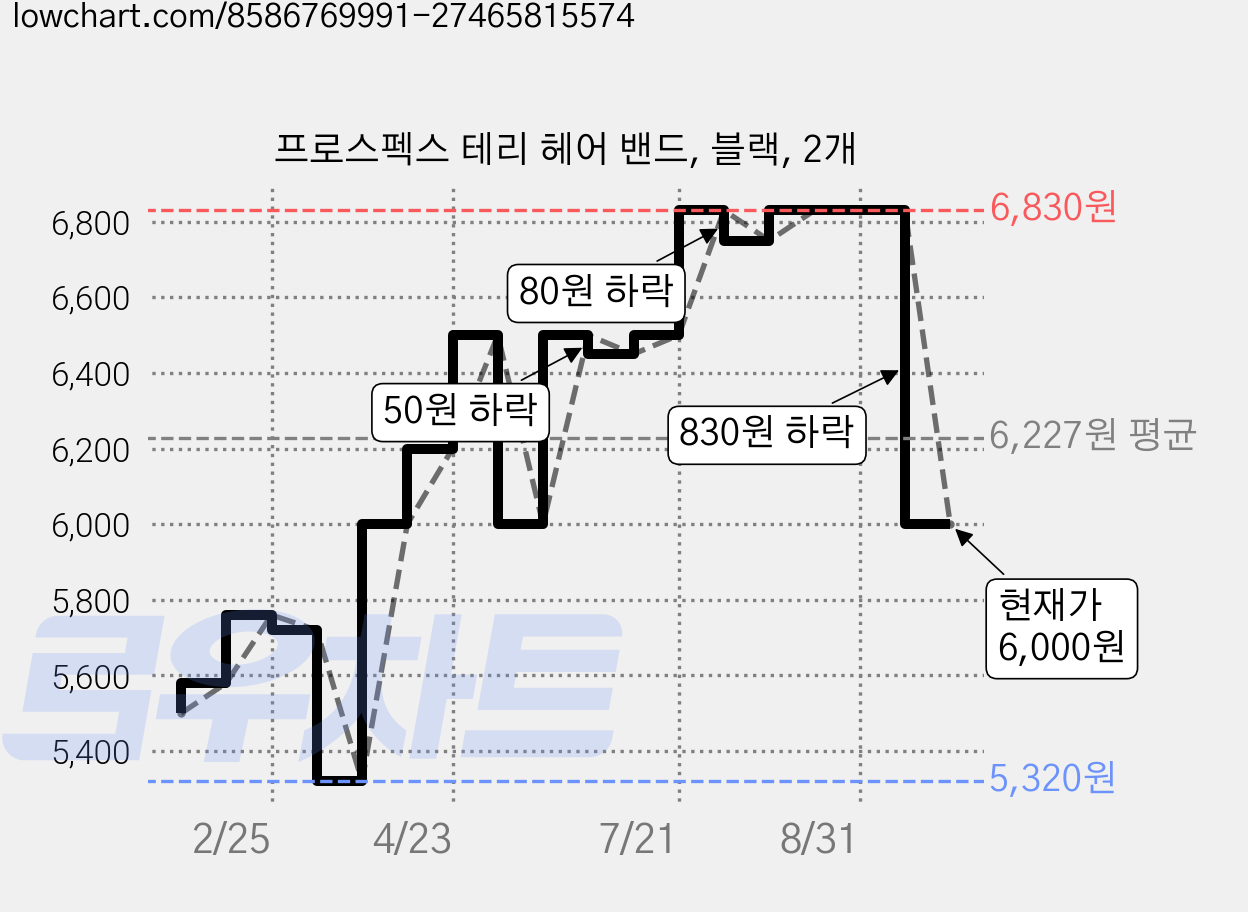 프로스펙스 테리 헤어 밴드, 블랙, 2개 가격 변동 차트, 현재가 6,000원, 관측 최저가 5,320원
