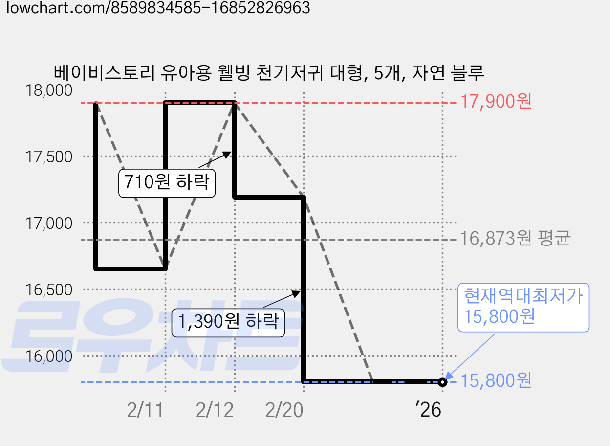 베이비스토리 유아용 웰빙 천기저귀 대형, 5개, 자연 블루 가격 변동 차트, 현재가 15,800원, 역대최저가