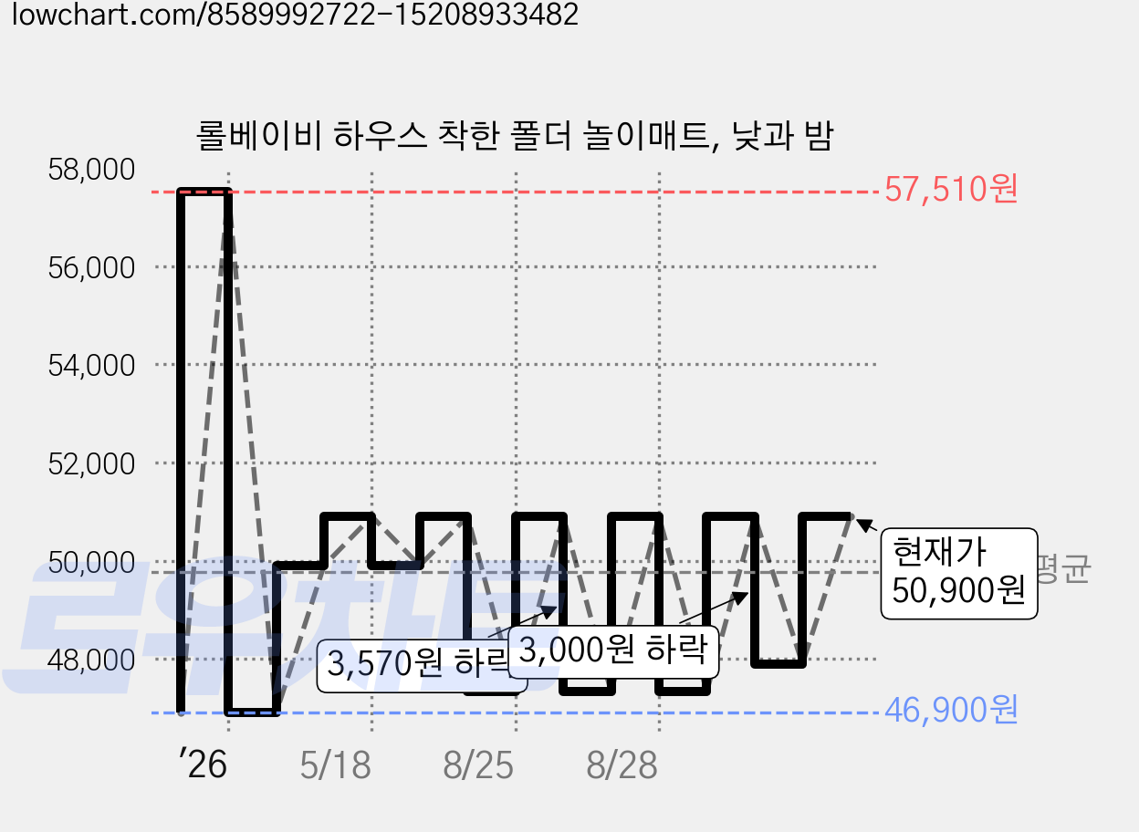 롤베이비 하우스 착한 폴더 놀이매트, 낮과 밤 가격 변동 차트, 현재가 47,900원, 관측 최저가 46,900원