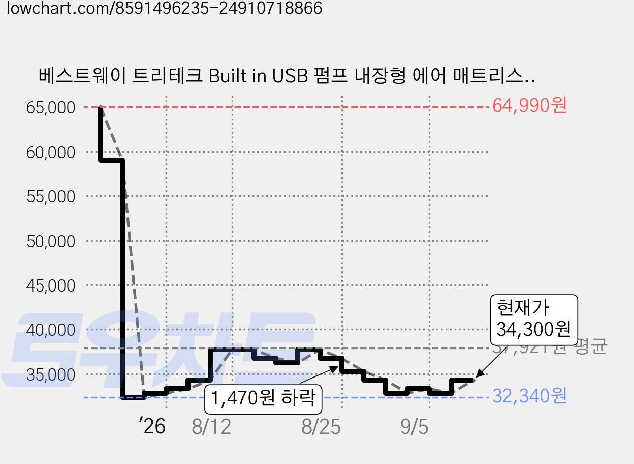 베스트웨이 트리테크 Built in USB 펌프 내장형 에어 매트리스, 그레이 가격 변동 차트, 현재가 34,300원, 관측 최저가 32,340원