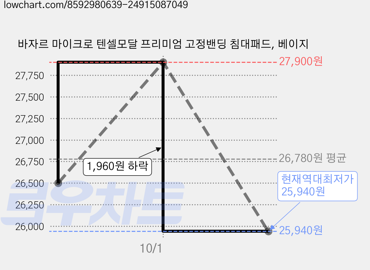 바자르 마이크로 텐셀모달 프리미엄 고정밴딩 침대패드, 베이지 가격 변동 차트, 현재가 25,940원, 역대최저가