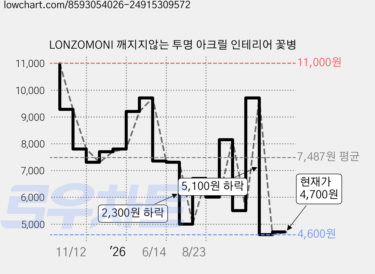 LONZOMONI 깨지지않는 투명 아크릴 인테리어 꽃병 가격 변동 차트, 현재가 4,700원, 관측 최저가 4,600원