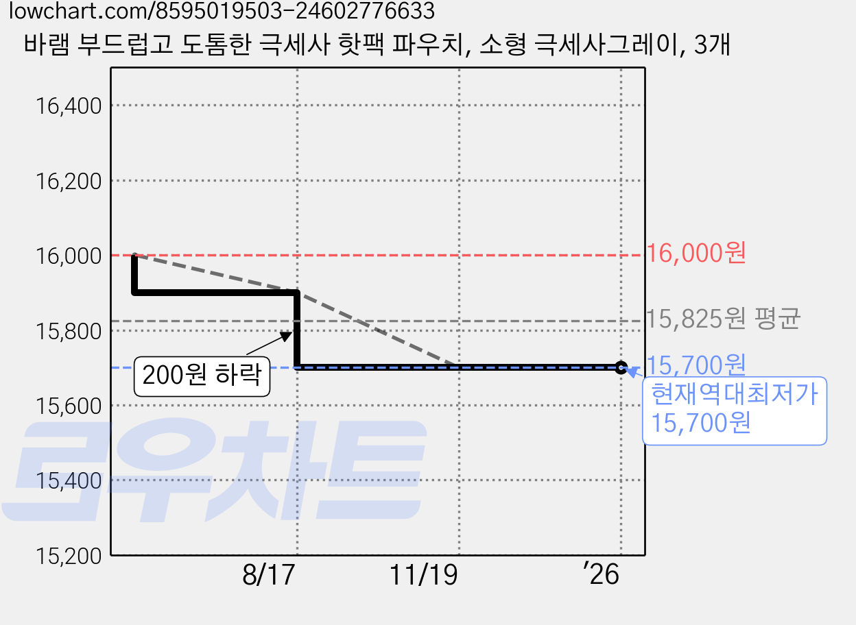 바램 부드럽고 도톰한 극세사 핫팩 파우치, 소형 극세사그레이, 3개 가격 변동 차트, 현재가 15,700원, 역대최저가