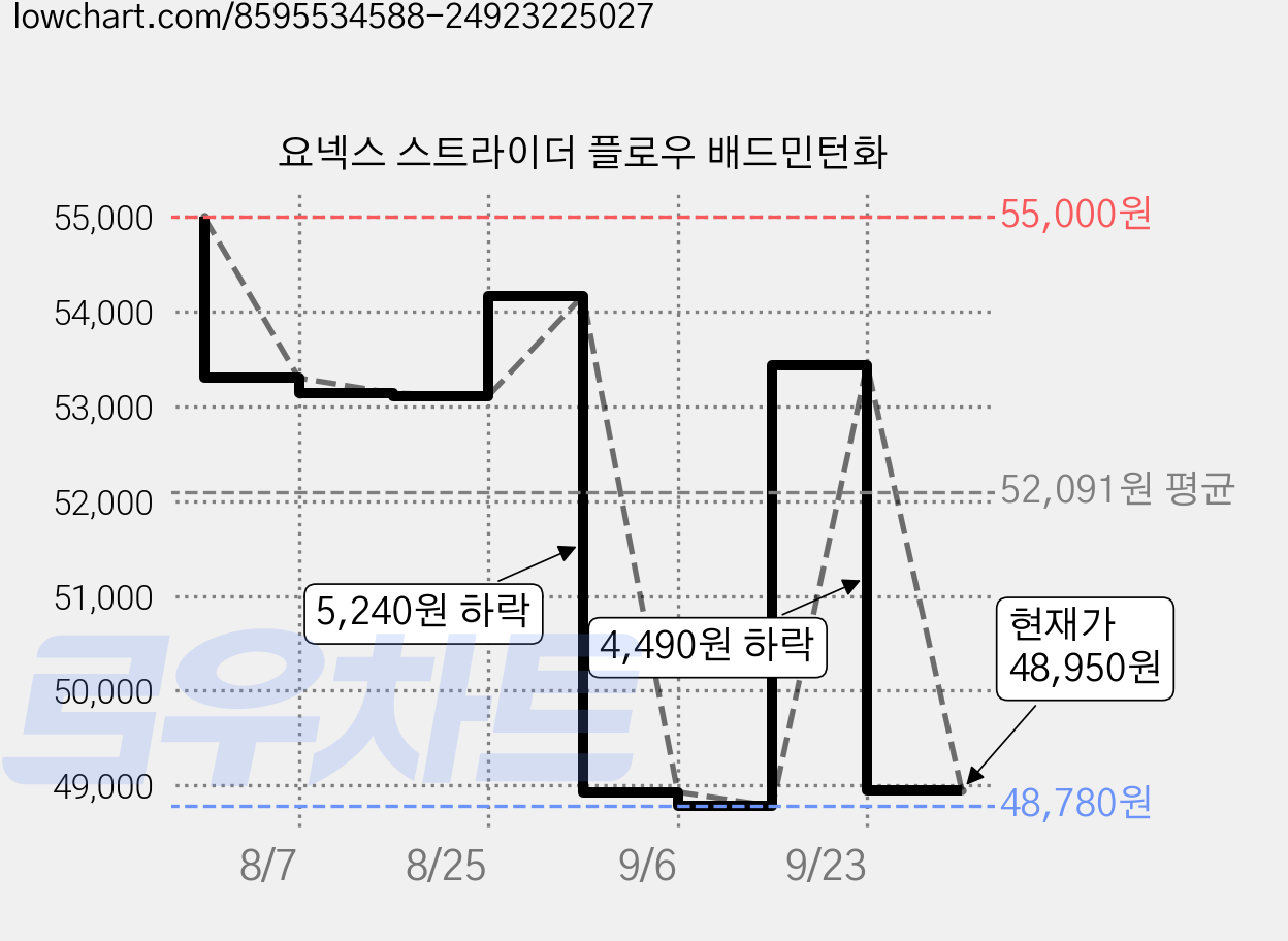 요넥스 스트라이더 플로우 배드민턴화 가격 변동 차트, 현재가 48,950원, 관측 최저가 48,780원