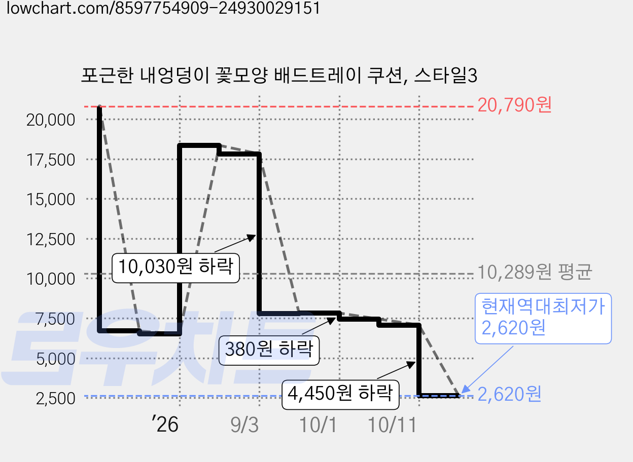 포근한 내엉덩이 꽃모양 배드트레이 쿠션, 스타일3 가격 변동 차트, 현재가 2,620원, 역대최저가