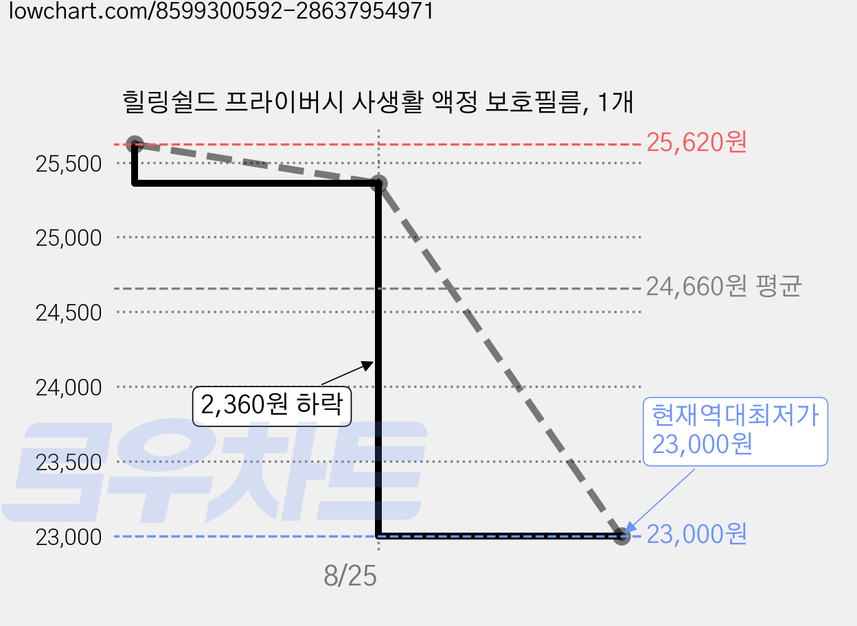 힐링쉴드 프라이버시 사생활 액정 보호필름, 1개 가격 변동 차트, 현재가 23,000원, 역대최저가