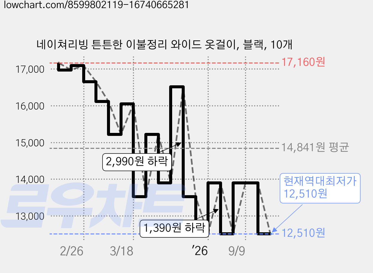 네이쳐리빙 튼튼한 이불정리 와이드 옷걸이, 블랙, 10개 가격 변동 차트, 현재가 12,510원, 역대최저가