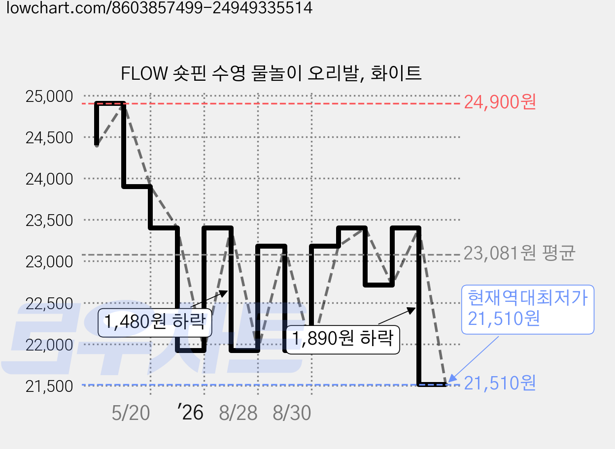FLOW 숏핀 수영 물놀이 오리발, 화이트 가격 변동 차트, 현재가 21,510원, 역대최저가