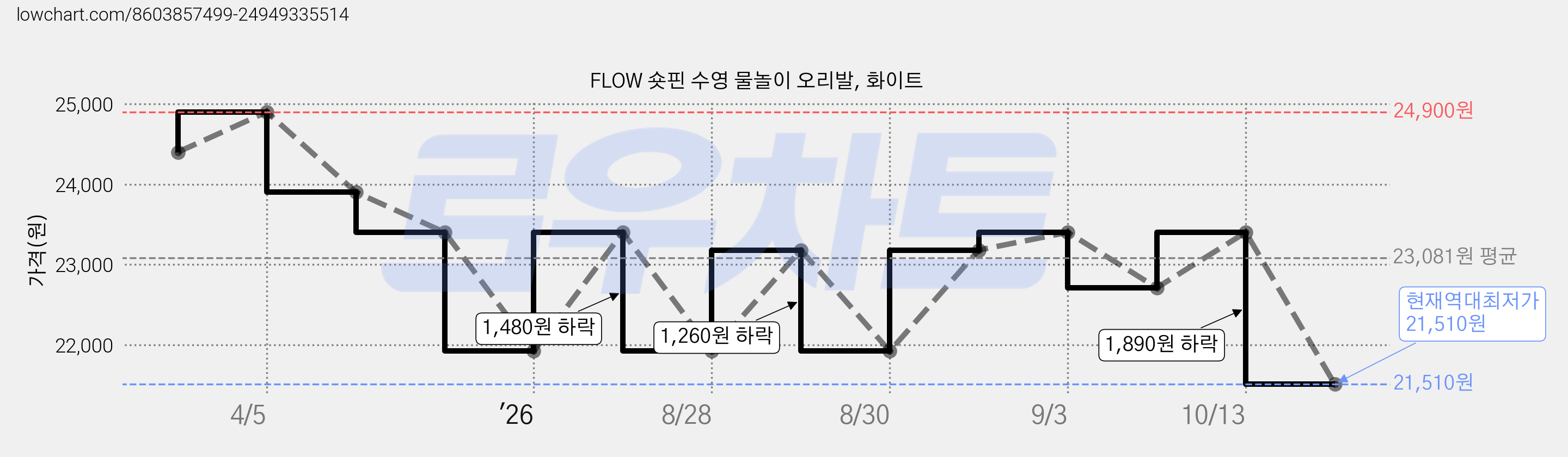 FLOW 숏핀 수영 물놀이 오리발, 화이트 가격 변동 차트, 현재가 21,510원, 역대최저가