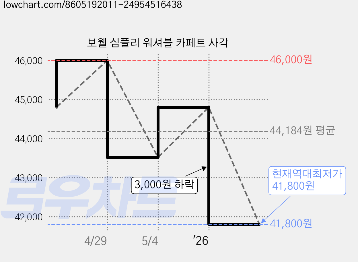 보웰 심플리 워셔블 카페트 사각 가격 변동 차트, 현재가 41,800원, 역대최저가