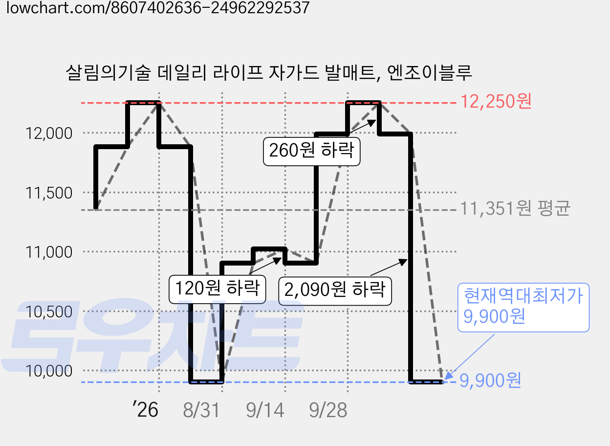 살림의기술 데일리 라이프 자가드 발매트, 엔조이블루 가격 변동 차트, 현재가 9,900원, 역대최저가