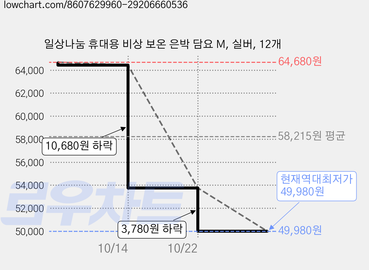 일상나눔 휴대용 비상 보온 은박 담요 M, 실버, 12개 가격 변동 차트, 현재가 49,980원, 역대최저가
