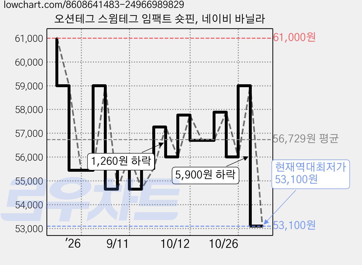 오션테그 스윔테그 임팩트 숏핀, 네이비 바닐라 가격 변동 차트, 현재가 53,100원, 역대최저가